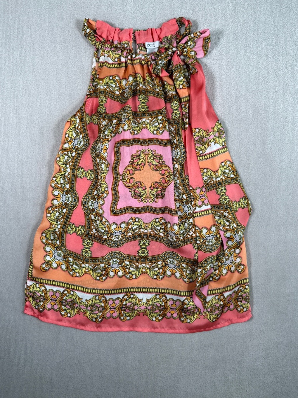 Vintage Cache Top Womens X Small Pink Orange Scarf Print Halter Tie Neck Y2K